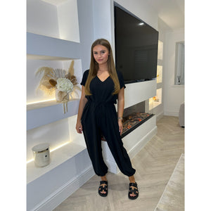 Black V Neck Tie Detail Jumpsuit