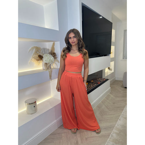 Coral Ribbed Wide Leg Lounge Set